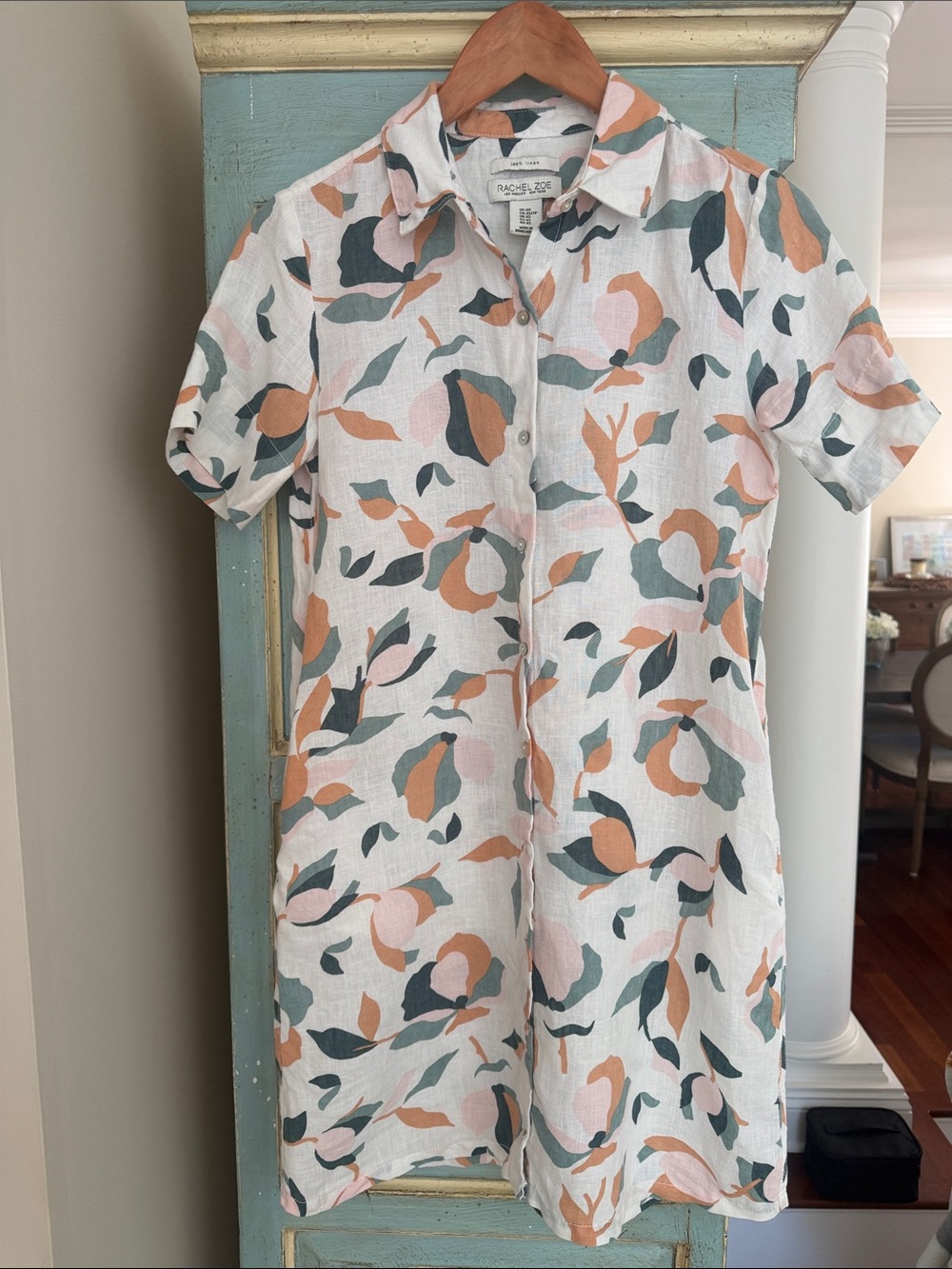 Rachel Zoe Linen Shirt Dress XS Floral Abstract Button Front Pockets Mini